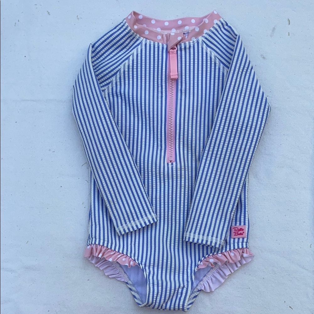 Ruffle Butts Blue & White Striped Long Sleeve Rashguard with Pink Trim